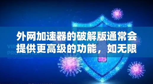 外网加速器的破解版通常会提供更高级的功能,如无限加速、自动跳转等,但需要注意的是,破解版的外网加速器通常不会提供安全功能,因此请确保在下载和使用时遵守相关法律和安全规定