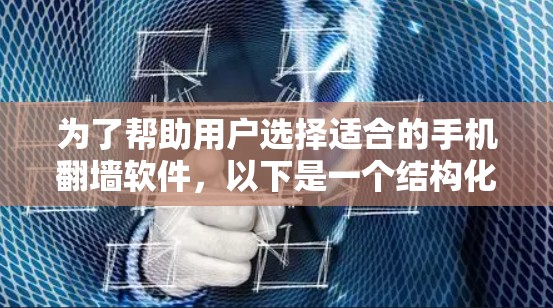 为了帮助用户选择适合的手机翻墙软件，以下是一个结构化的总结，涵盖免费软件和付费软件的详细介绍和推荐