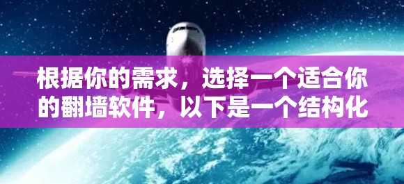 根据你的需求,选择一个适合你的翻墙软件,以下是一个结构化的推荐